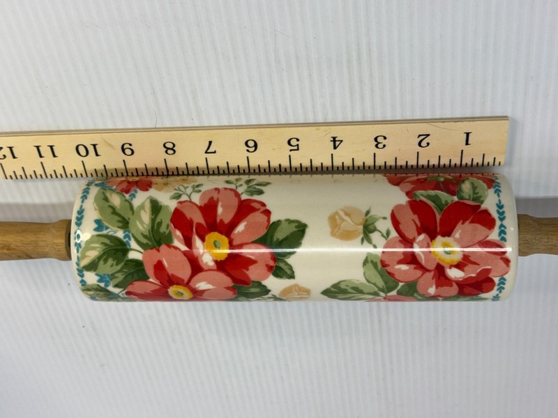 Pioneer Woman Rolling Pin Retired Vintage Flower Pattern Ceramic Wooden Handles gallery