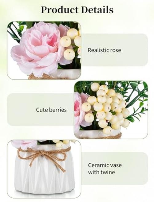 Table Decor Artificial Flowers Vase 7 Inch Small Fake Pink Rose in Vase - 2pcs gallery