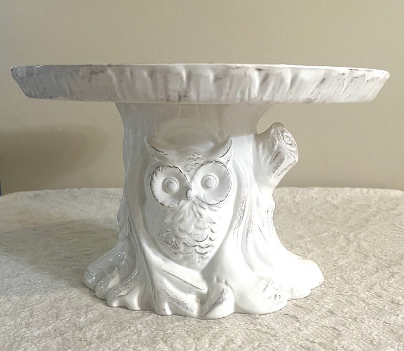 Pier 1 One Imports Owl Burrow Rustic Cream White Cake Stand Tree Faux Bois New
