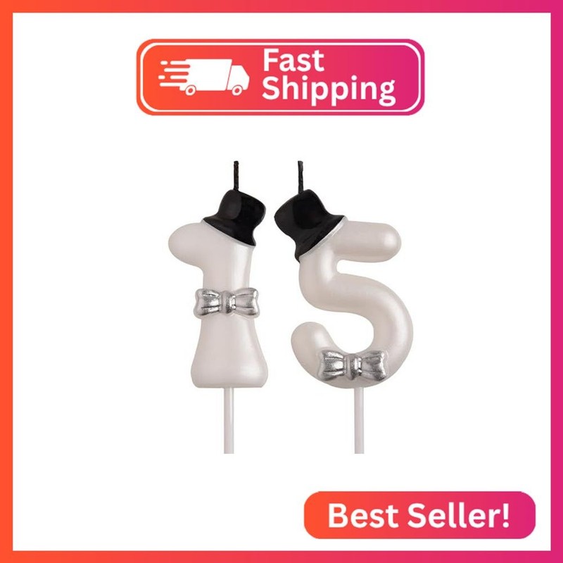AOOLADA 15th Birthday Candles, White 3D Number 15 Happy Birthday Candle Cake Top