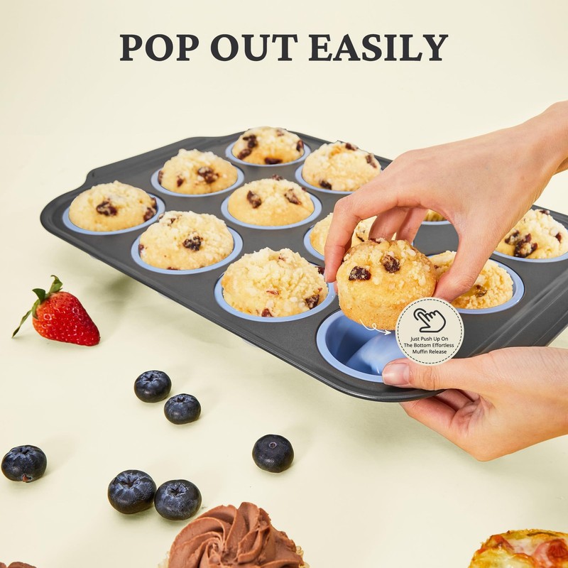 BRONYPRO Silicone Muffin Pans for Baking with Metal 12 Cup Pan, Blue gallery