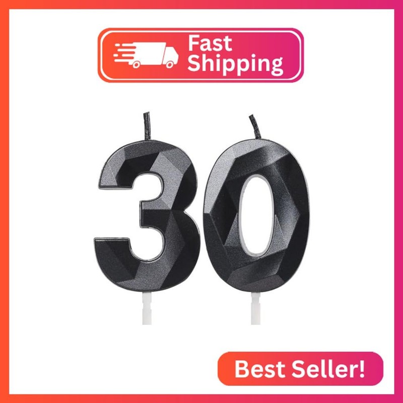 Number 30 Candles,30th Birthday Candles, Black Happy Birthday Candle for Cake,3D