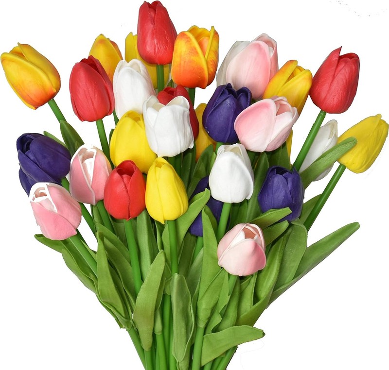 24pcs Multicolor Artificial Tulips Flowers Fake Faux PU Tulip Bouquet Real