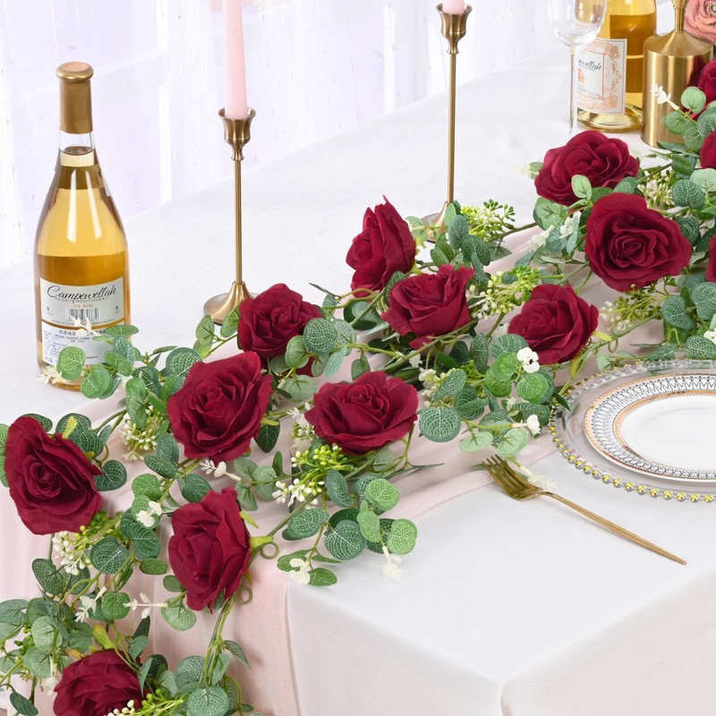 Dolicer 4x 26Ft Artificial Eucalyptus Garlands with 8 Red Roses Faux Floral gallery