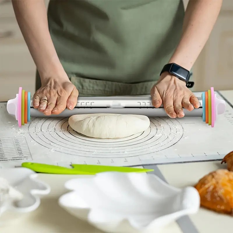Stainless Steel 16.9 inch Adjustable Rolling Pin With Thickness Ring Non Stick
