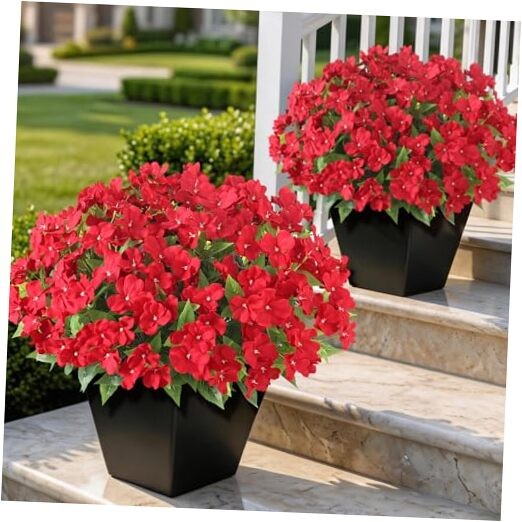 8 Bundles Artificial Impatiens for Outdoor Spring Summer Decor, No Fade 1 Red