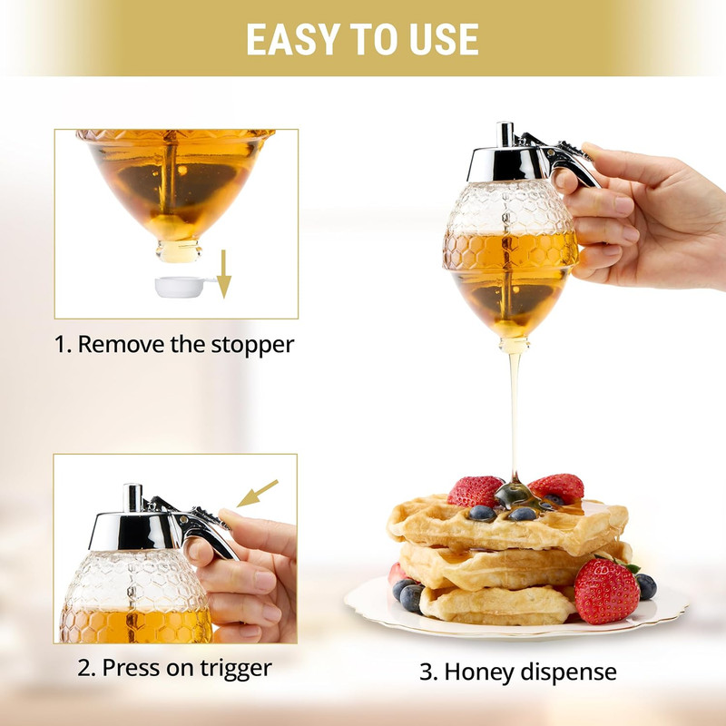 Stainless Steel Shaft Glass Honey Dispenser - No Drip Honeycomb Jar with Stand, gallery