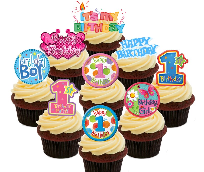 1st Birthday Boy & Girl 36 Edible Cupcake Toppers Standup Fairy Bun Decorations