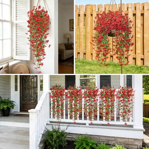 4 Pcs Artificial Hanging Flowers for Outdoors, Realistic Faux Silk Flowers Red gallery
