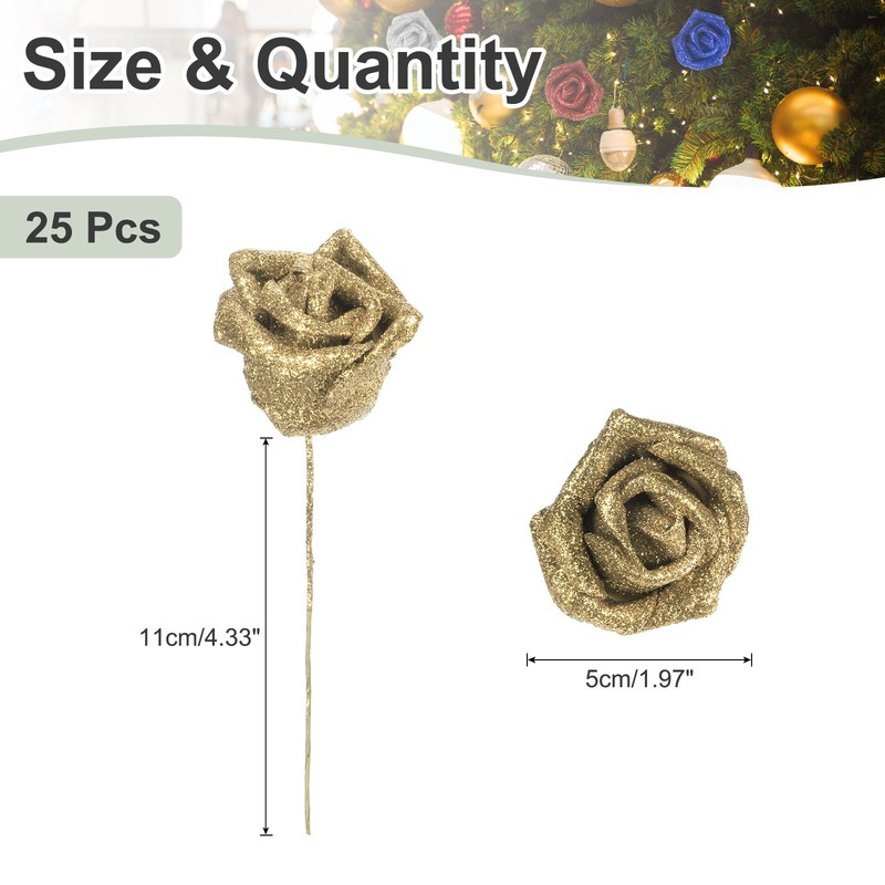 25Pcs Glitter Roses, Foam Artificial Flowers Roses Heads with Stem, Gold gallery