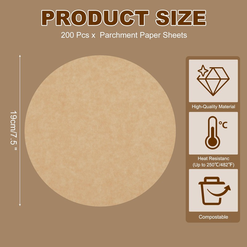 200 Pcs Parchment Paper Baking Sheets Rounds, 7.5" Non Stick Paper, Wood Color gallery