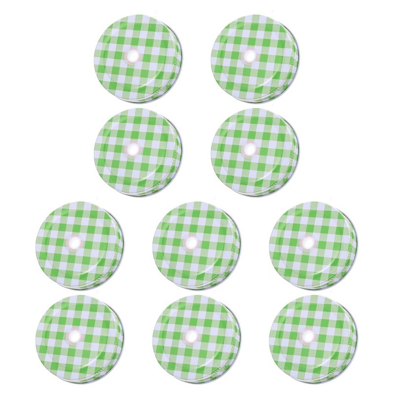 10pcs Mason Jar Lids with Straw Hole, Green Gingham Checkered Regular Mouth