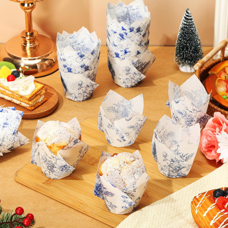 200 Pcs Blue Floral Cupcake Wrappers Chinoiserie Blue White Flower Cupcake Liner gallery