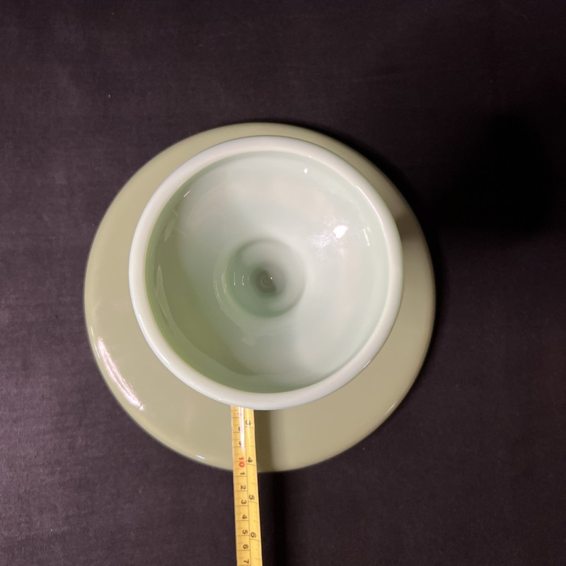 🟩 VNTG JADEITE CAKE STAND 10.5” MOSSER STYLE GREEN GLASS PEDESTAL MADE USA gallery