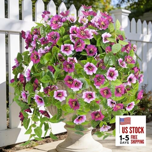 Fake Artificial Flowers Hanging for Outdoors Decor, 2 Light Purple, Purple Red