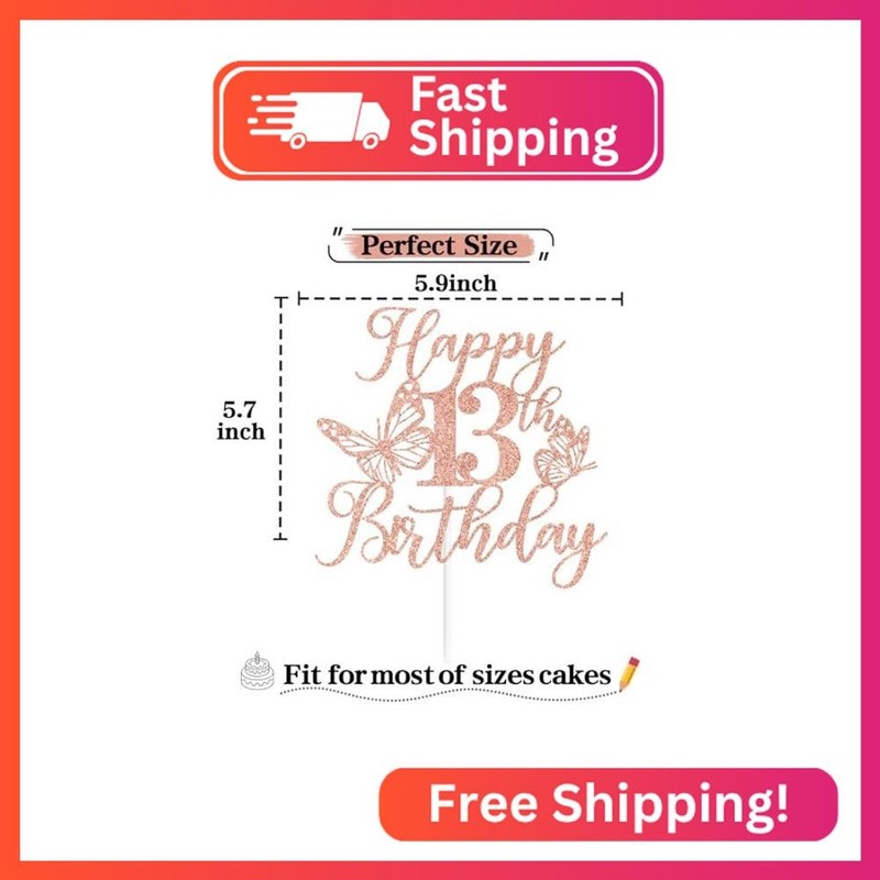 Rose Gold Glitter Happy 13th Birthday Cake Topper, Butterfly Happy 13th Birthday gallery