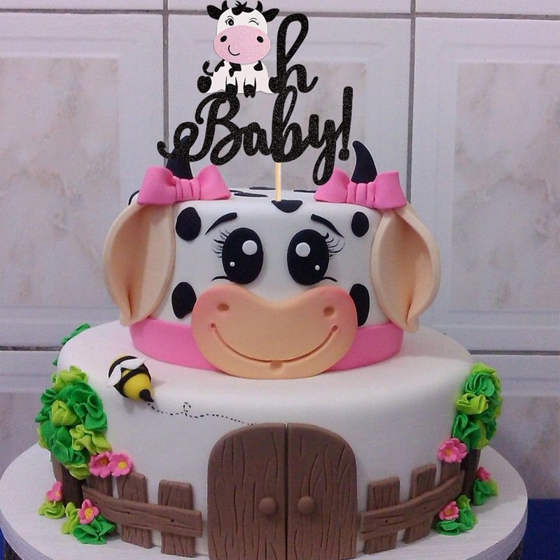 1 PCS Cow Oh Baby Cake Topper Glitter Farm Animals Cake Pick for Gender Reveal T gallery