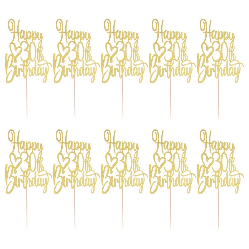 10pcs Golden Paper Birthday Cake Topper Decorations for 30th Birthday Party