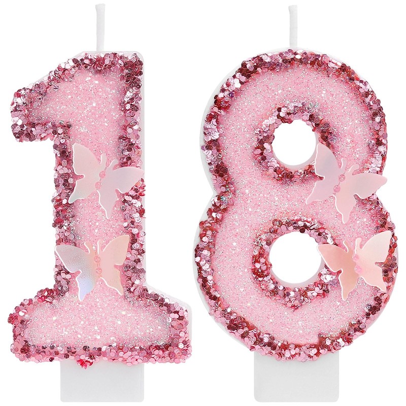Girls Number 18 Birthday Candles, Pink Butterfly 18th Candle,