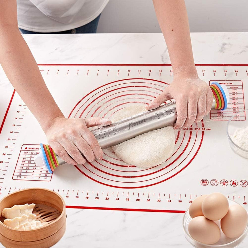 Rolling Pin and Silicone Baking Pastry Mat Set, Stainless Steel Dough Roller, Ro gallery