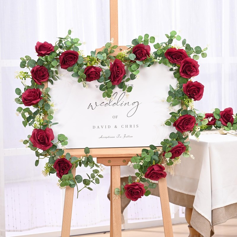 Dolicer 4x 26Ft Artificial Eucalyptus Garlands with 8 Red Roses Faux Floral gallery