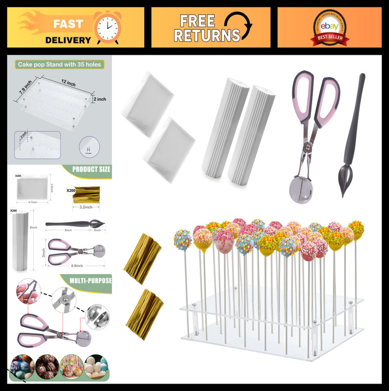 Cake Pop Making Kit – 200 Lollipop Sticks, Clear Wrappers, Display Stand & Tools