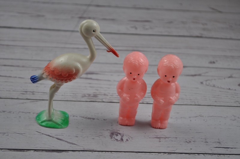 Vintage Hard Plastic Stork and 2 Pink Babies Cake Decorations Unbranded