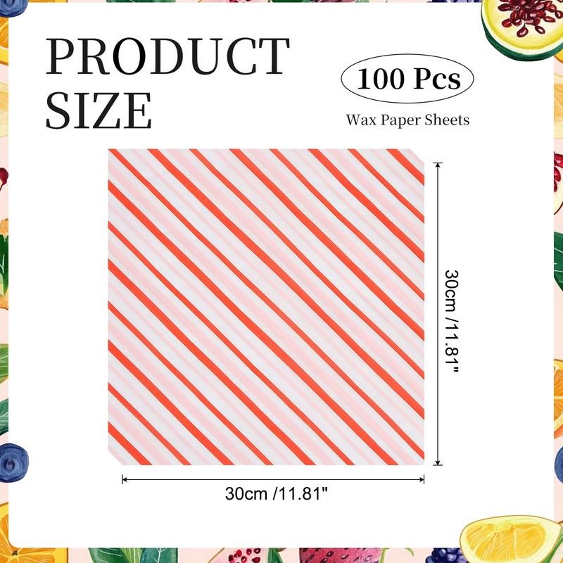 100 Pack Wax Paper Sheets, 11.8" x 11.8" Square Stripes Wrapping Paper, Red/Pink gallery