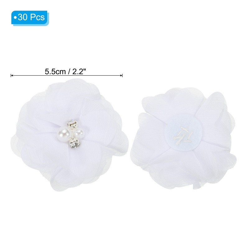 30Pcs 2" Chiffon Flowers with Rhinestone Pearl Appliques Embellishments White gallery