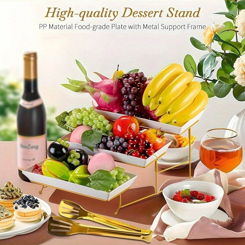 2PC 3 Tier Cake Stand Dessert Tray Set White Plates Gold Frame Foldable W Tongs gallery