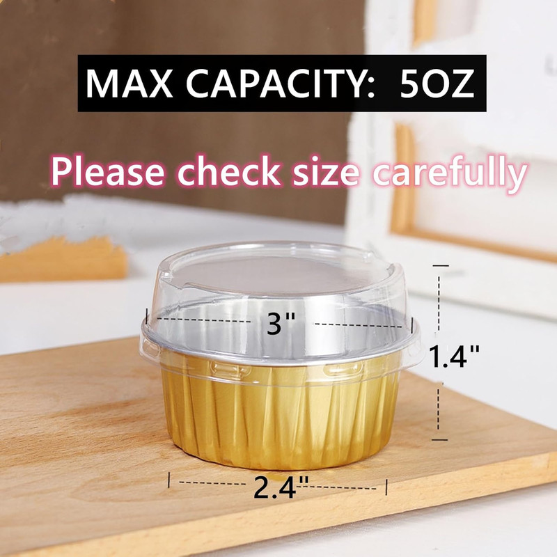 150 Pack Disposable Ramekins with Clear Lid, 5Oz Golden Mini Cupcake Tins, Alumi gallery