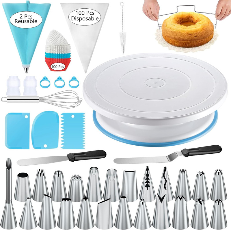 240PCS Cake Decorating Supplies Kits Cake Turntable, 100 Piping Bags 100 Disposa