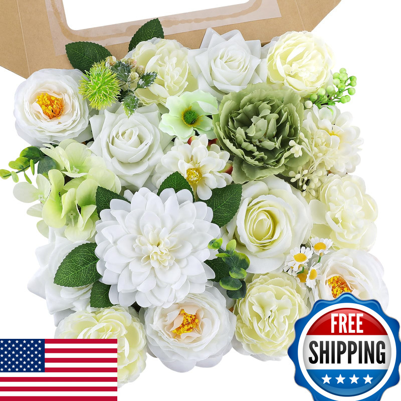 Amyhomie Green White Artificial Flowers Combo Silk Mix Peony Rose Fake Flowers