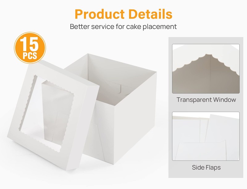 15pcs Cake Boxes, 10x10x8 Inches Tall Cake Box with Window, White Bakery Boxe... gallery