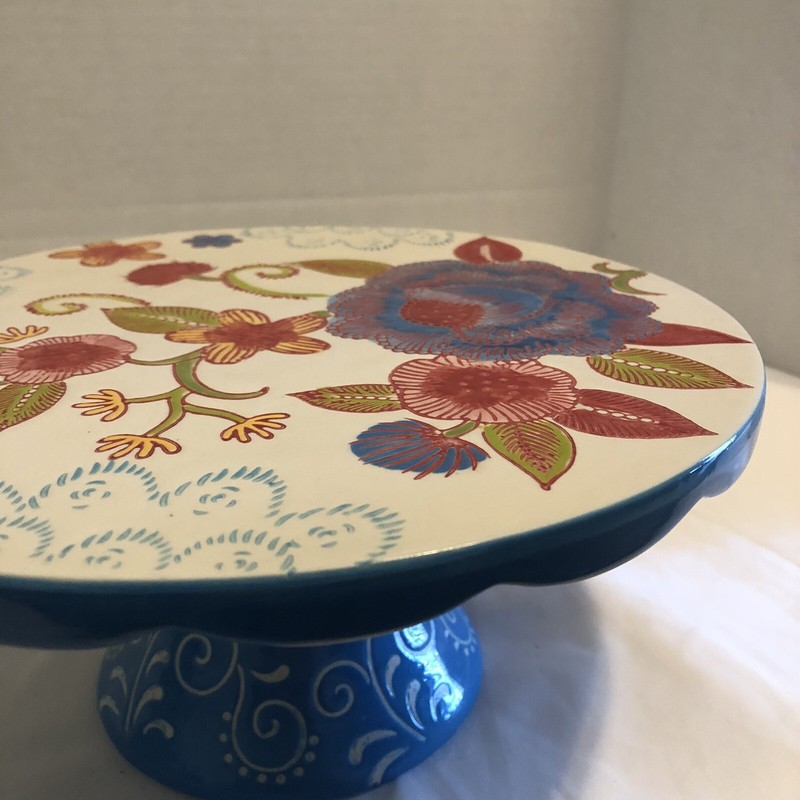 Floral Cake Plate Serving Stand 9.5 x 5.5" Scalloped Edge Blue Flowers Boho gallery
