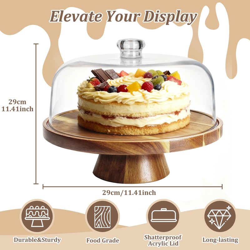 Acacia Wood Cake Stand with Dome Lid, 2-in-1 Dessert Table Display Set & Char... gallery