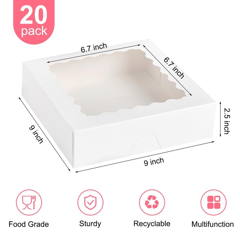 20 PCS 9x9x2.5 Inch White Pie Bakery Boxes Window Auto-Popup Cookie Treats gallery