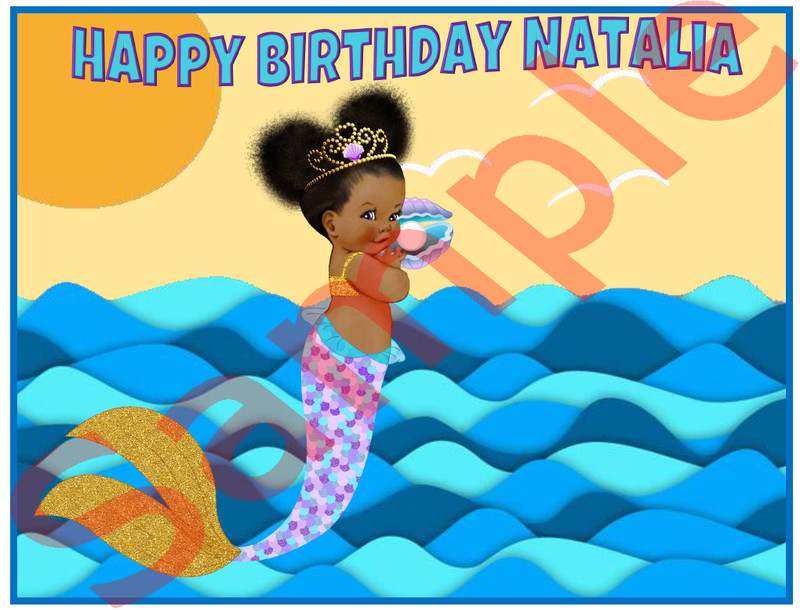 Mermaid Afro puffs Baby Girl Edible Image Cake Topper Personalized Baby shower