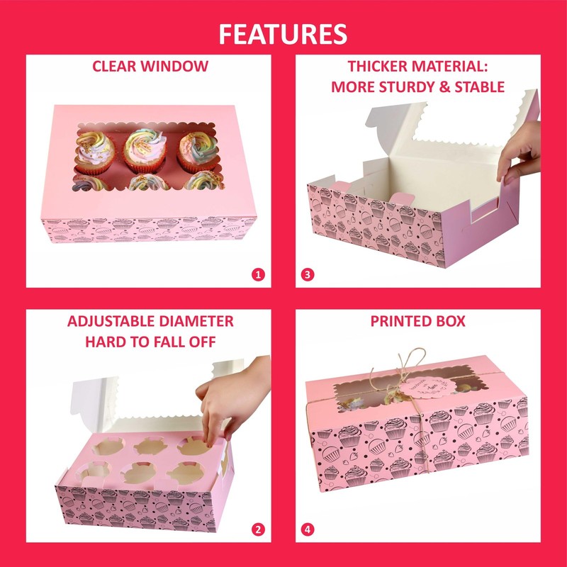 20 PCS Pink Cupcake Boxes Insert Trays Carrier Windows Fits 6 Muffins Pastry gallery