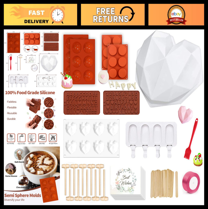 Large Silicone Chocolate Heart Molds Set – 2.6″ Hot Cocoa Bomb & Oreo Baking Mol