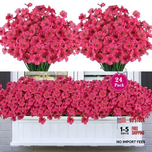24 Bundles Artificial Flowers for Outdoors, Realistic Fake Silk 24PCS Rosy Red