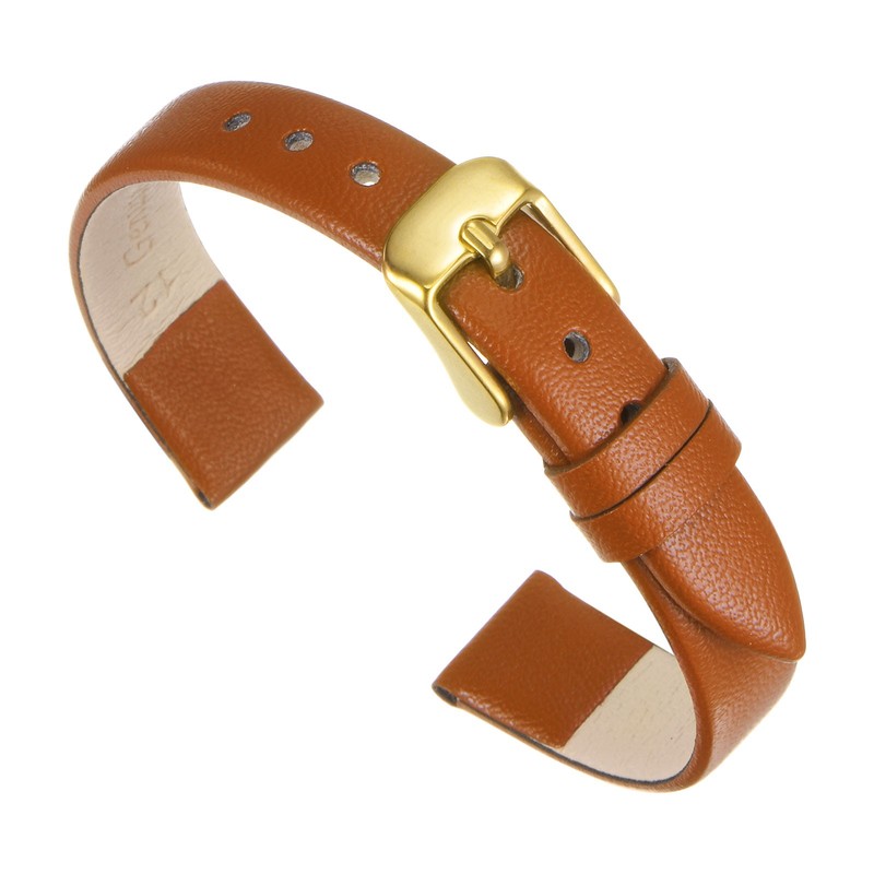 Genuine Brown Leather Strap 12mm Width, with Gold Tone Buckle