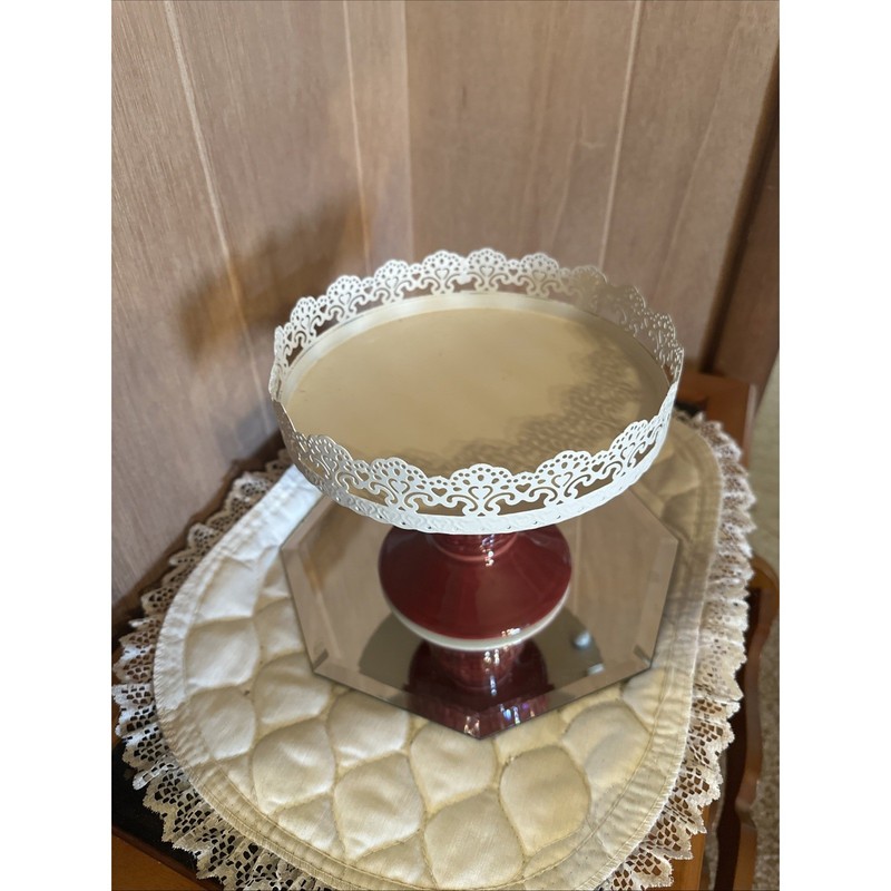 white metal lace-edged Display stand with a Red Longaberger Base gallery