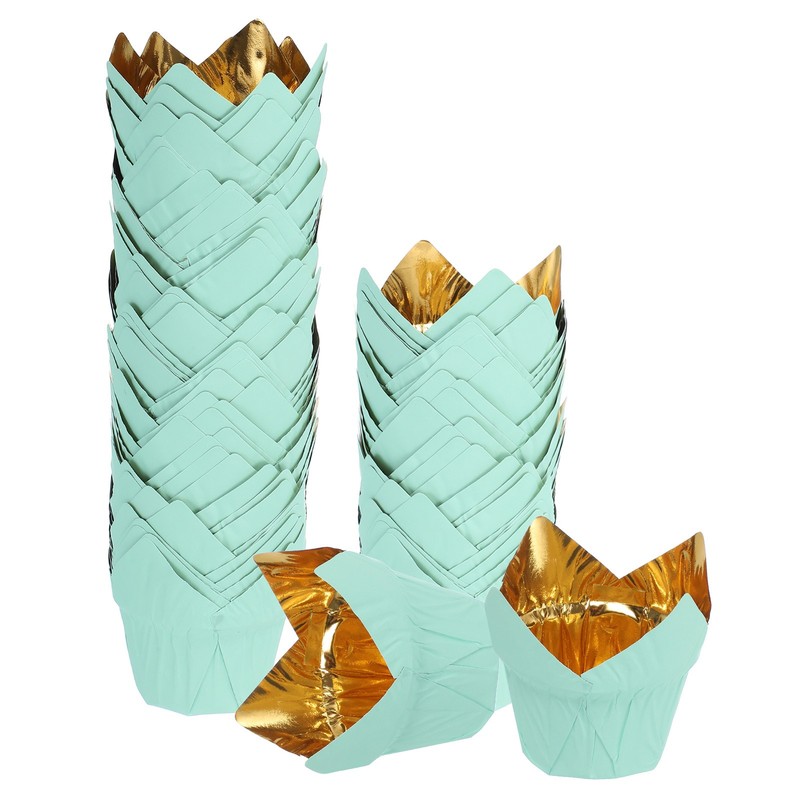 50Pcs Tulip Baking Cups Cupcake Muffins Liners Aluminum Foil Paper Gold/Green