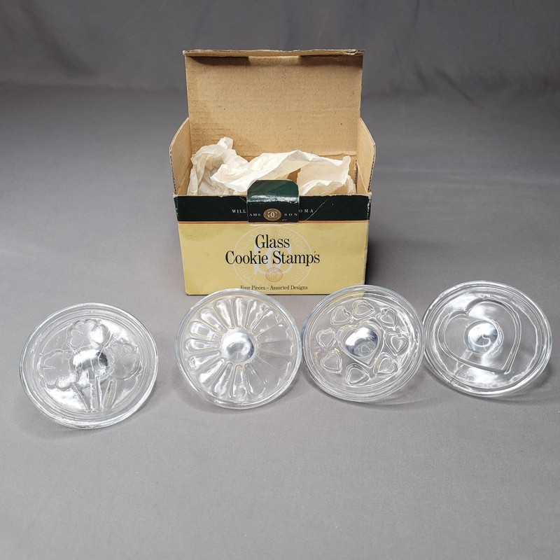 Williams-Sonoma Glass Cookie Stamps Set Of 4 Heart Shamrock Flower Clear Round