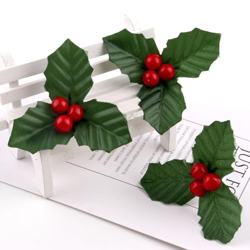 10Pcs Christmas Holly Berries Faux Berry Flowers with Leaves Xmas Berry Red gallery