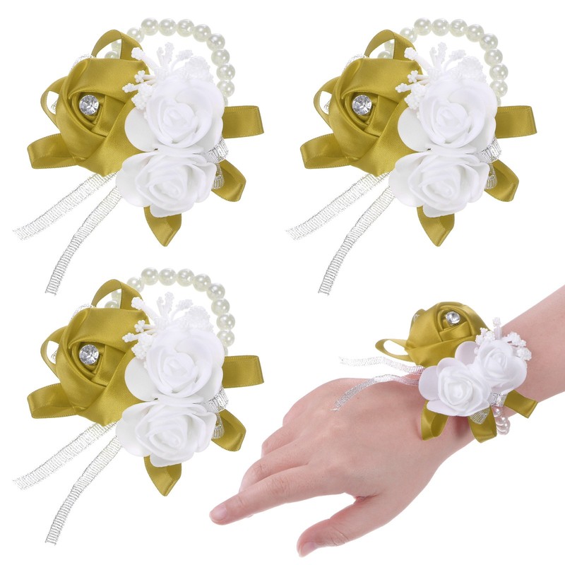 3-Pack Pearl Corsage Wristlet Bracelet for DIY Corsage Supplies [Khaki]