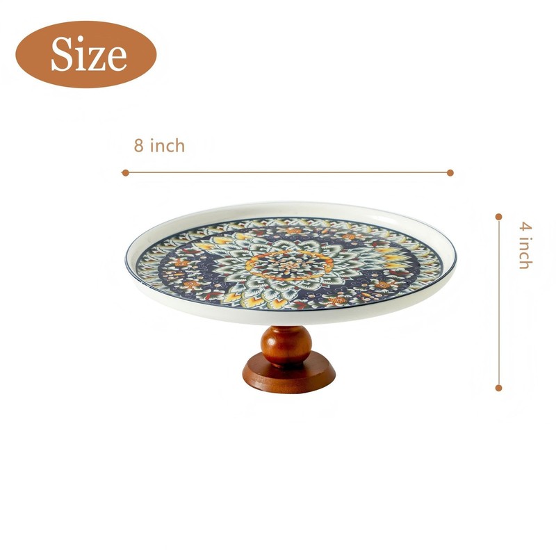 Ceramic Cake Holder Stand with Elegant Wood Curved Footed, 8” Versatile Desse... gallery