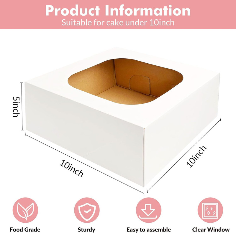 3 Pack Sturdy Corrugated Cake Boxes with Window, 10"X10"X5" | White Disposable C gallery
