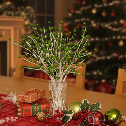 12 Pack Christmas Ornaments Artificial Berry Stems 14" Fake Holly Berry Green gallery